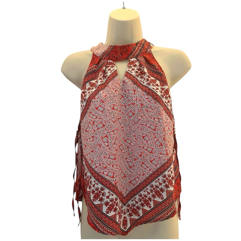 Honey and Milk White Red Dark Orange Paisley Halter Neck Sleeveless Blouse Small